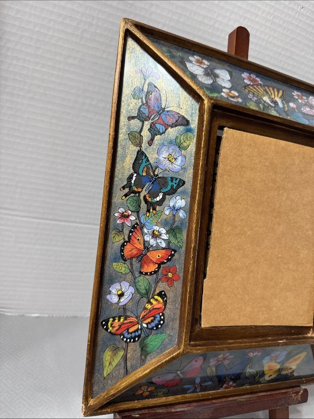 Vtg Peruvian Reverse Painted Mirror Vibrant Color Intricate Floral & Butterflies